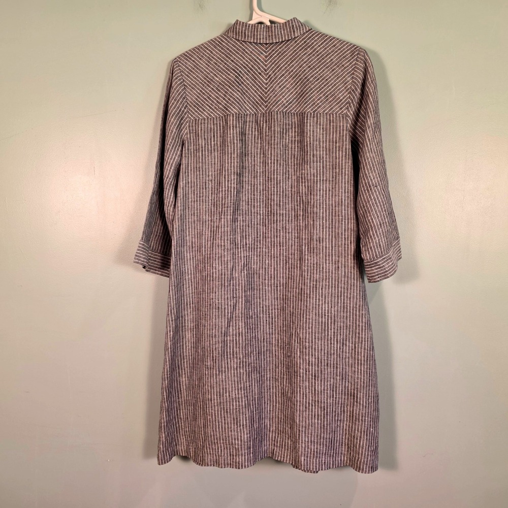 J.Jill Love Linen Pinstripe Shirt Dress Grey White 100% Linen Small 3/4 Sleeve - Picture 2 of 8